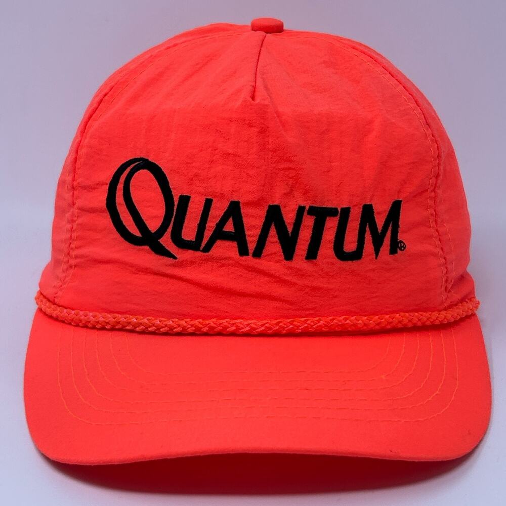 Vintage 90s Quantum Fishing Reels Hat Baseball Cap Blaze Orange Snapback Rope